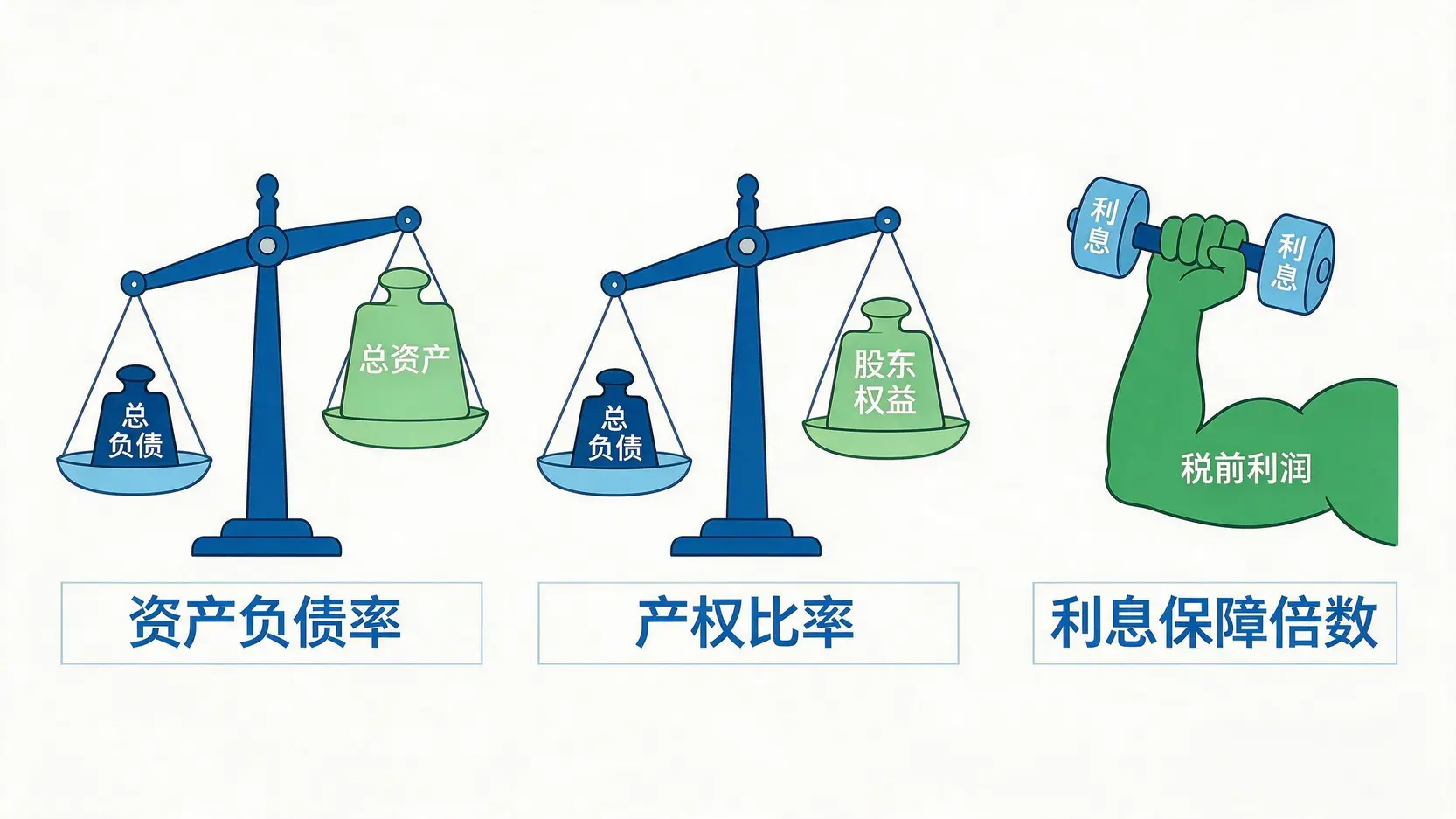 三个核心财务比率示意图:资产负债率、产权比率和利息保障倍数,用于评估非流动负债的健康度。