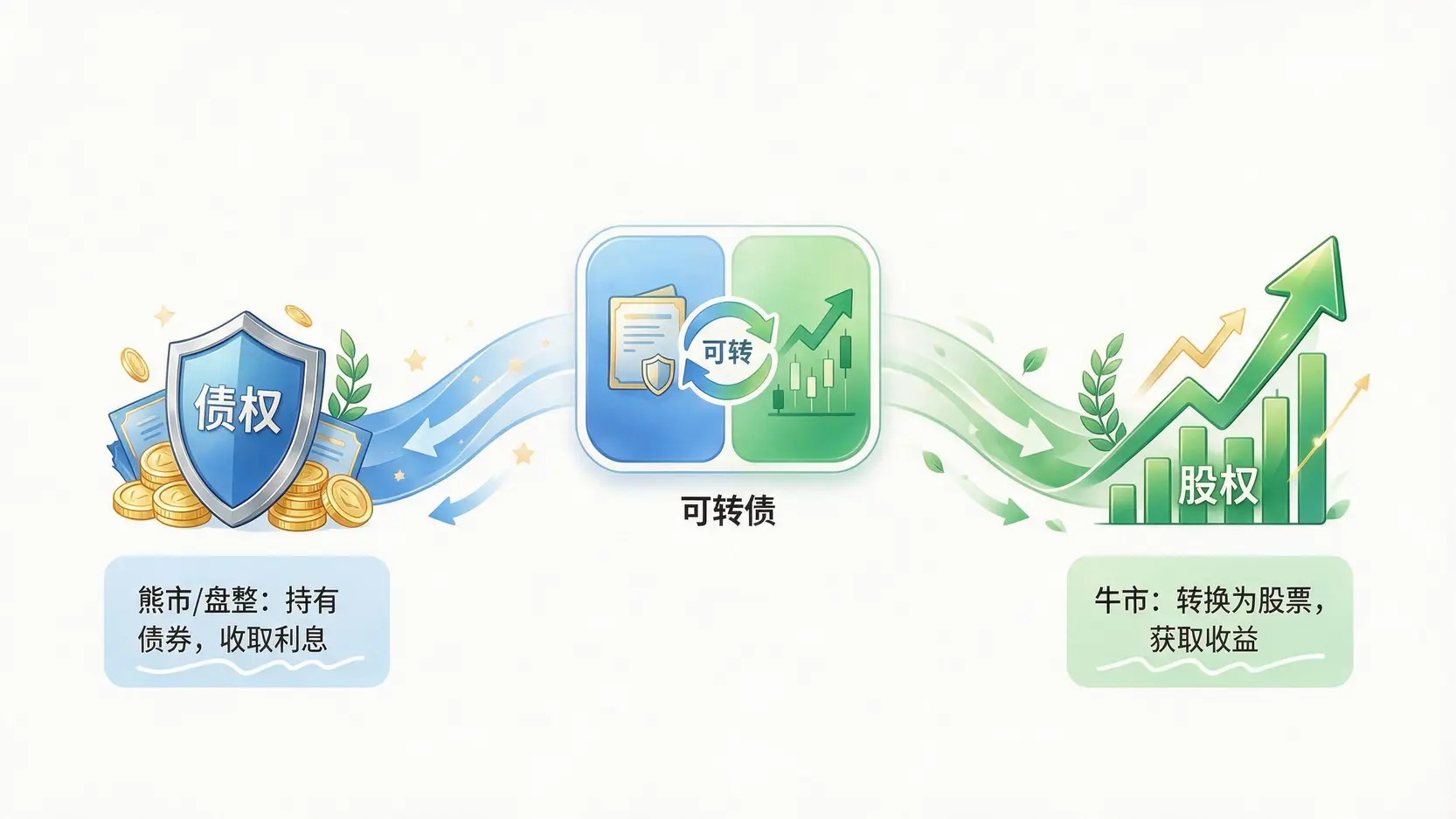可转债的双重属性示意图,展示了作为债券的防守性和转换为股票的进攻性两种选择。