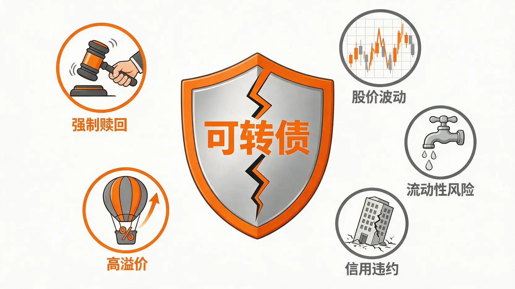 可转债投资的五大核心风险图示,包括强制赎回、正股价格波动、流动性、信用违约和高溢价风险。