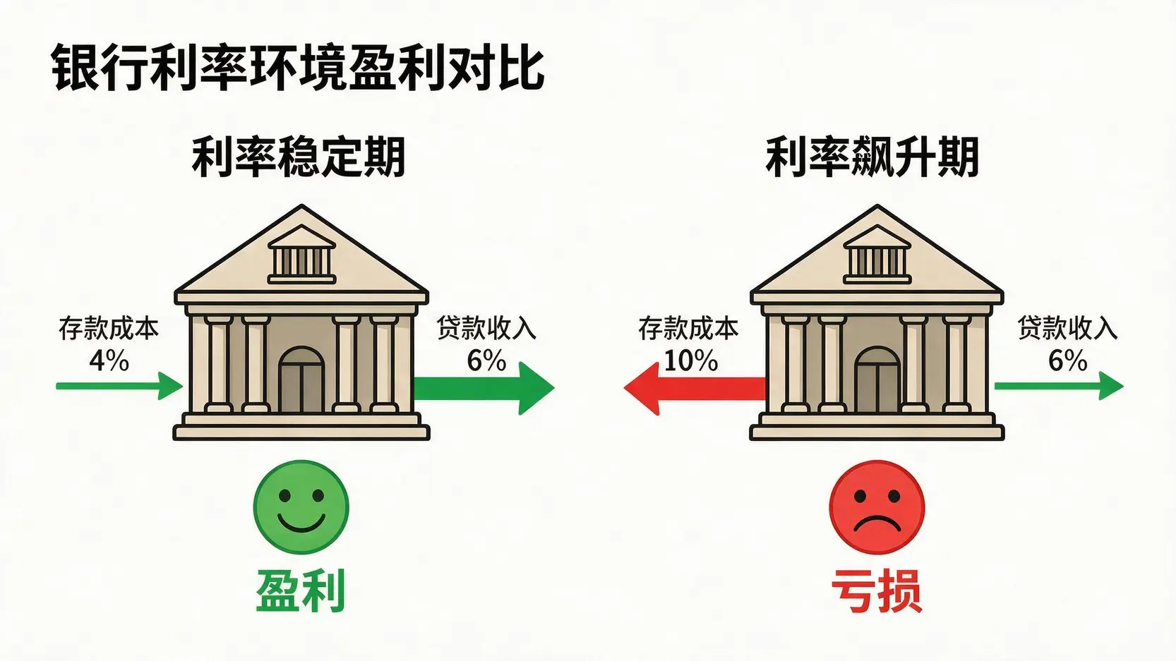 一张对比图,展示了储贷机构在利率稳定期(成本4%,收入6%)盈利,与利率飙升期(成本10%,收入6%)亏损的状况,揭示了资产负债错配的核心问题。