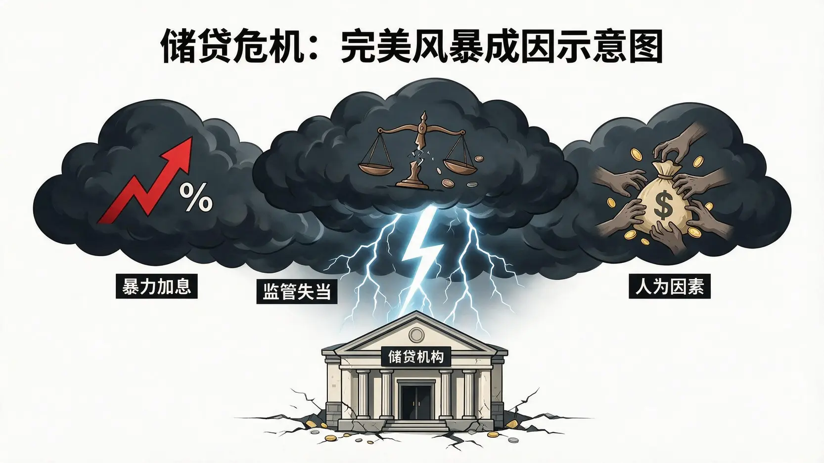 一张概念图,描绘了引发储贷危机的三大因素:暴力加息、监管失当和人为因素,它们如同三朵乌云汇集成完美风暴,冲击着下方的储贷机构。