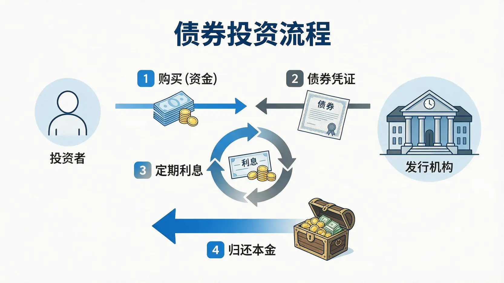 债券运作流程示意图,展示投资者购买债券、发行机构支付利息并到期归还本金的过程。