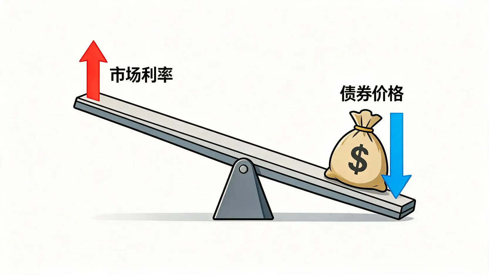 市场利率与债券价格的跷跷板效应示意图,显示当市场利率上升时,债券价格随之下降。