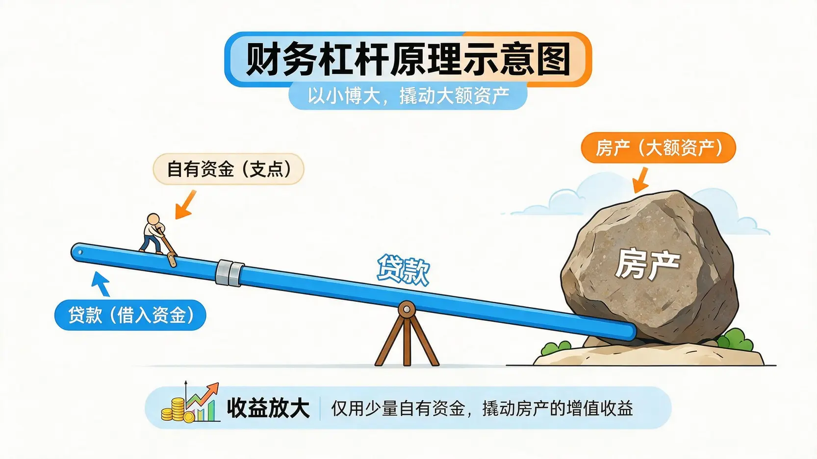 一个人使用贷款作为财务杠杆撬动大额资产(如房产)的概念图。