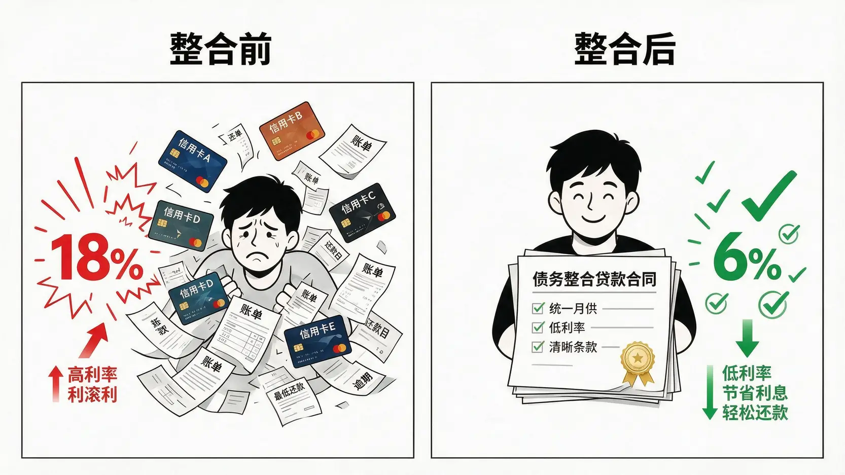 债务整合前后对比图,从多笔高息负债变为一笔低息贷款,财务状况得到改善。
