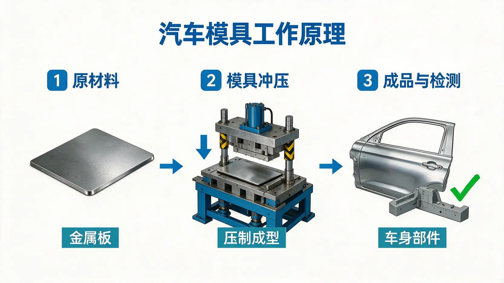 汽车钣金模具工作流程示意图,展示了从一块金属板到通过模具冲压成型为车身部件并经过检具检测的过程。