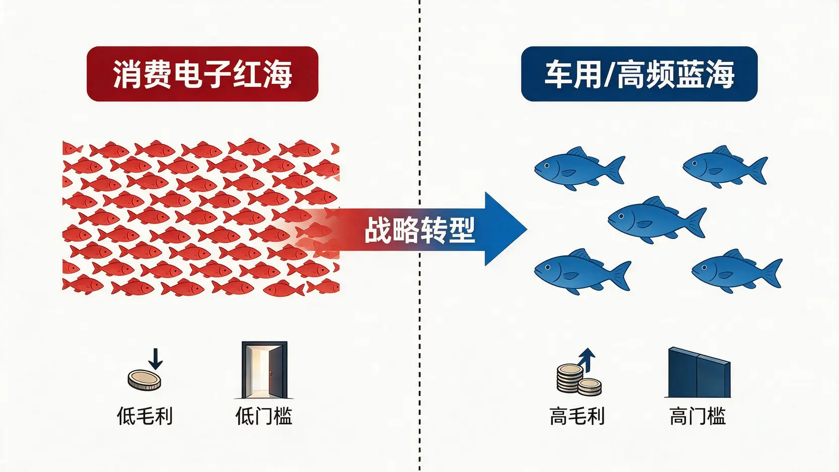 一张对比图,展示太空梭公司从竞争激烈的消费电子红海市场,向高毛利、高门槛的车用与高频蓝海市场进行的战略转型。