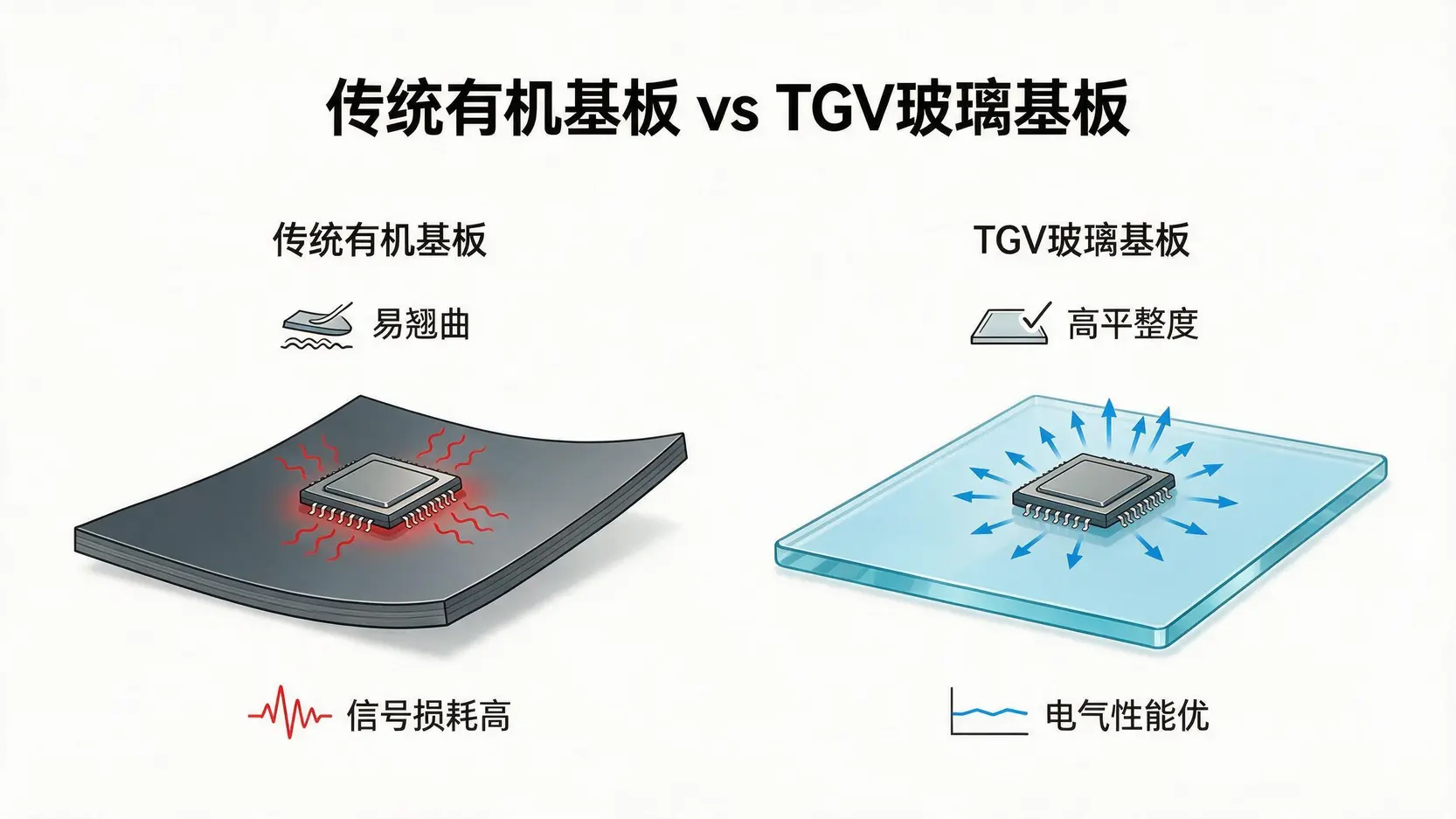 对比传统有机基板与TGV玻璃基板的图表,展示了TGV技术在平整度、信号传输和散热方面的优势。