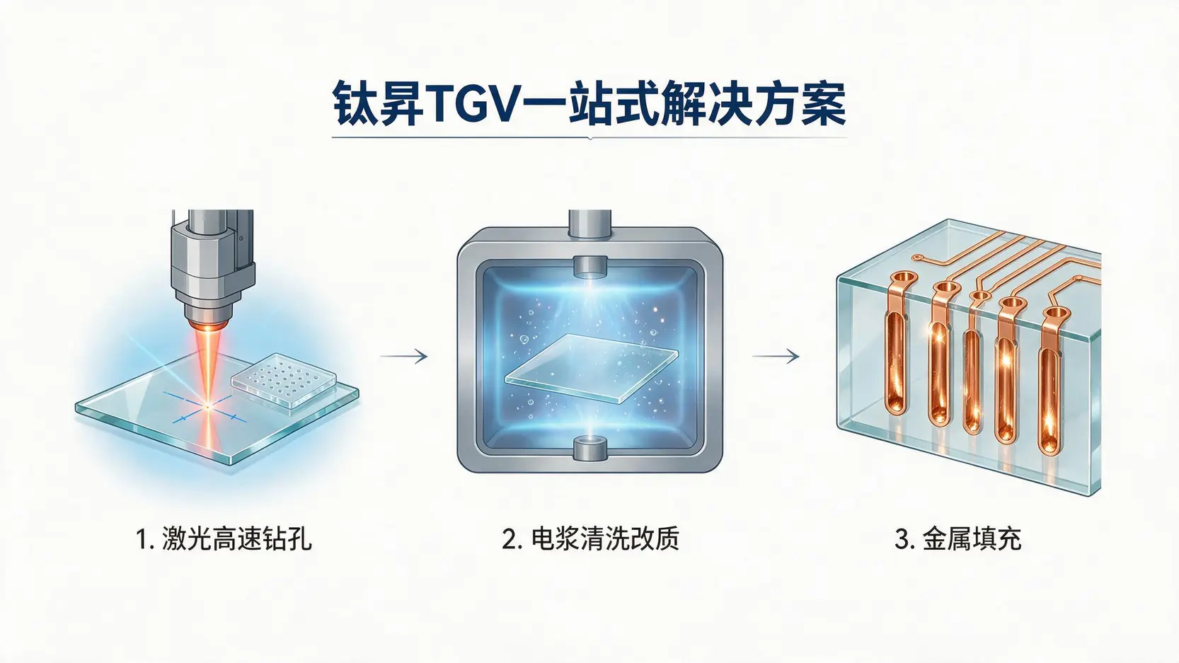 钛昇科技提供的TGV玻璃基板一站式解决方案流程图,包括激光钻孔、电浆清洗和金属填充三个步骤。