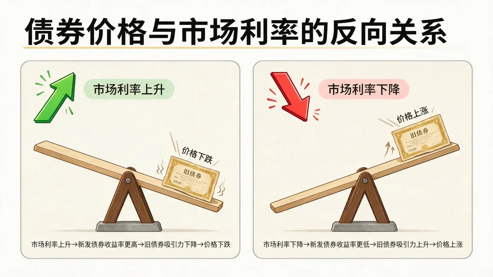 利率风险示意图:市场利率上升时,旧债券价格下跌;市场利率下降时,旧债券价格上涨。