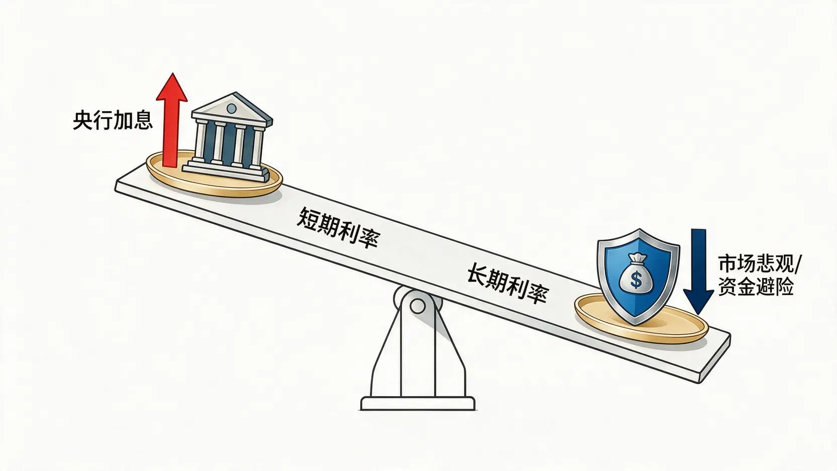 一张概念图,用一个倾斜的天平来解释收益率倒挂的成因:央行加息推高短期利率,同时市场悲观情绪压低长期利率。